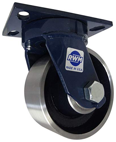 RWM Casters 75 Series Plate Caster, Swivel, Kingpinless, Forged Steel Wheel, Roller Bearing, 5000 lbs Capacity, 6' Wheel Dia, 2-1/2' Wheel Width, 7-1/2' Mount Height, 6-1/2' Plate Length, 4-1/2' Plate Width