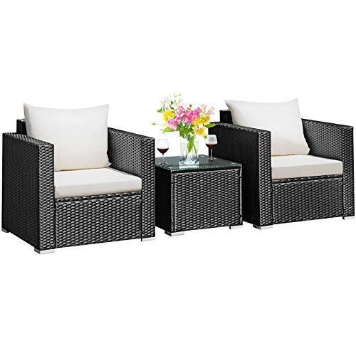 Tangkula 3 Pieces Patio Furniture Set, PE Rattan Wicker Sofa Set w/Washable Cushion and Tempered Glass Tabletop, Outdoor Conversation Furniture for Garden Poolside Balcony (Black)