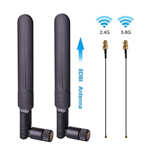 2 x 8dBi WiFi RP-SMA Male Antenna 2.4GHz 5.8GHz Dual Band +2 x 15CM U.FL/IPEX to RP-SMA Female Pigtail Cable for Mini PCIe Card Wireless Routers, PC Desktop, Repeater, FPV UAV Drone and PS4 Build