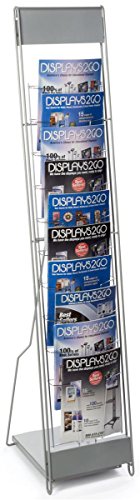 Portable Literature Stand with 10 Pockets for 8.5x11 Magazines, Carrying Bag Included, 54'h Floor-Standing Magazine Rack with Tiered Design, Steel (Silver)