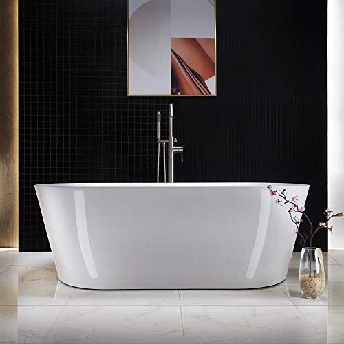 WOODBRIDGE white Acrylic Freestanding Bathtub Contemporary Soaking Tub Overflow and Drain, 67' B-0013 Brushed Nickel