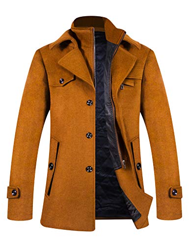 Men's Wool Pea Coat Winter Trench Blend Short Silm Fit Zipper Pockets Single Breasted Classic Stylish Jacket (1109) - Camel L