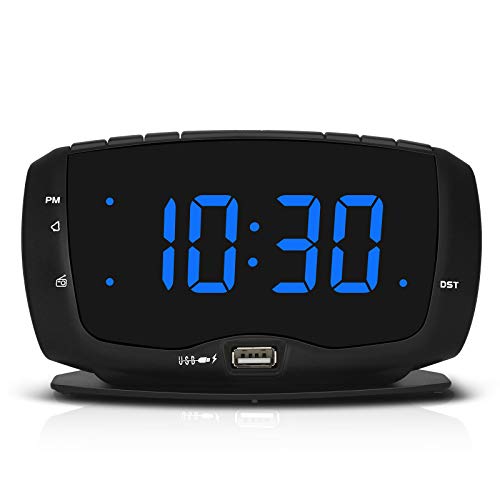 DreamSky Digital Alarm Clock Radio FM Radio, 1.4 Inches Large Blue LED Number Display, Dual USB Ports for Charging, 3.5 mm Headphone Jack, Snooze, DST