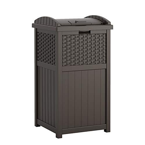 Suncast 33 Gallon Hideaway Can Resin Outdoor Trash with Lid Use in Backyard, Deck, or Patio, Brown