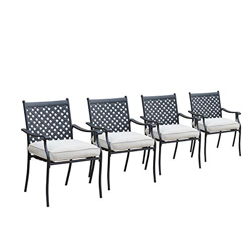 LOKATSE HOME 4 Piece Outdoor Patio Metal Wrought Iron Dining Chair Set with Arms and Seat Cushions - White