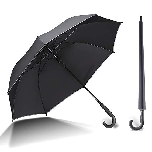 LaSyL 56' Stick Umbrella, Large Windproof Travel, Night Refective Strip, Anti-UV Waterproof Straight Umbrella, Auto Open Men Women Golf Umbrella(Black，SKY001)