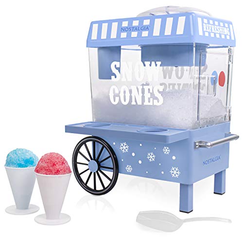 Nostalgia SCM525BL Vintage Countertop Snow Cone Maker Makes 20 Icy Treats, Includes 2 Reusable Plastic Cups & Ice Scoop – Blue