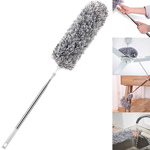 Improved Extra Long Microfiber Duster with Extension Pole (30 to 100 inches) Scratch-Resistant Cover, Bendable, Washable, Lint Free Feather Dusters for Cleaning Roof, Ceiling Fan, Blinds, Cobwebs