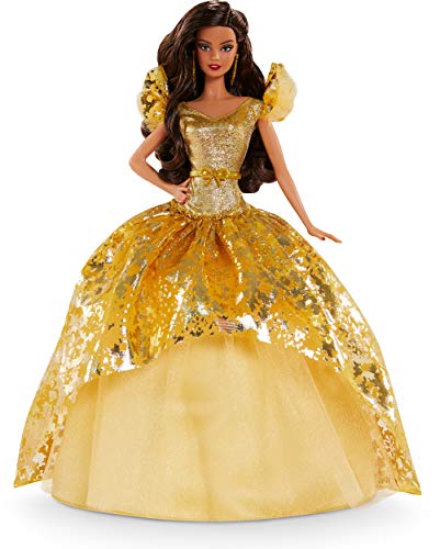 Barbie Signature 2020 Holiday Barbie Doll (12-inch Brunette Long Hair) in Golden Gown, with Doll Stand and Certificate of Authenticity, Gift for 6 Year Olds and Up