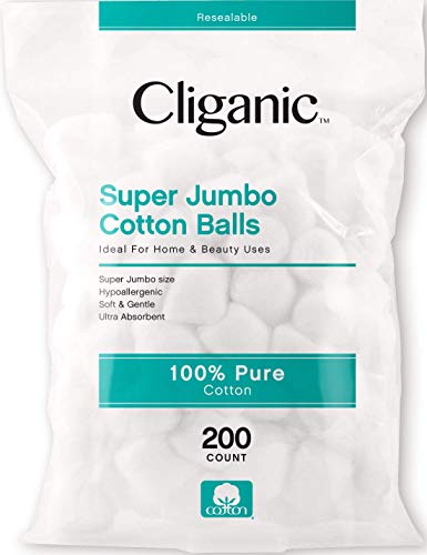 Cliganic SUPER JUMBO Cotton Balls (200 Count) - Hypoallergenic, Absorbent, Large Size, 100% Pure
