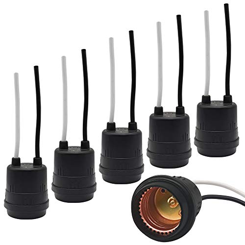 Waterproof Lamp Socket, 6 Pack Black Pigtail Lamp Socket, Thick Copper Wire, E26/E27 Fully Sealed Rainproof Pigtail Light Sockets, 250V-660W (6)