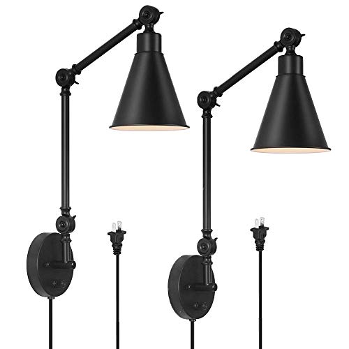 HAITRAL Swing Arm Wall Sconces 2 Pack- Modern Wall Lamps, Dimmable Lamp with Mounted Light Fixtures for Home Decor Headboard Bathroom Bedroom Farmhouse Porch Garage - Black (Bulb Not Included)