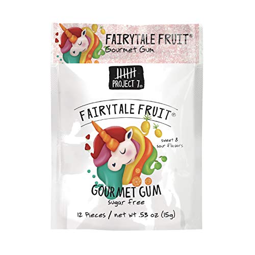 Project 7 Sugar Free Chewing Bubble Gum - Long Lasting Sour & Fruit Flavors - Low Carb & Low Calorie, Gluten-Free, Made in the USA – 12 packs (144 pieces) – Fairytale Fruit & Rainbow Ice