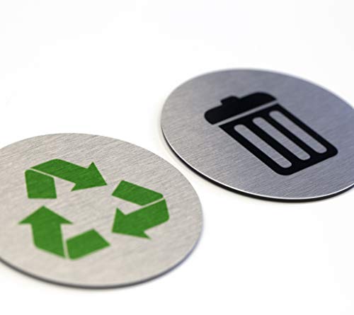 Set of 2 Metal Trash & Recycling Signs | Garbage & Recycling Bin Marker | 3' Round, Brushed Silver Aluminum Signs with 1 Black Trash Sign & 1 Green Recycle Sign | Made in The USA