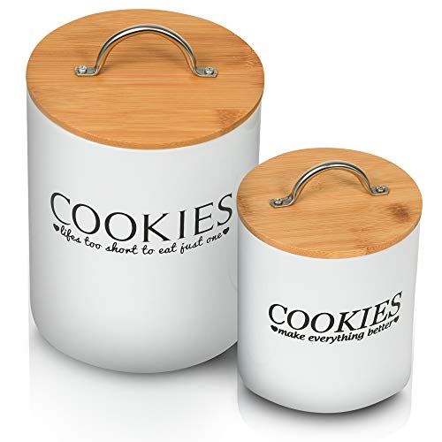 Vintage Cookie Jars – Vintage Cookie Tins for Cookie Counter – White Design – Cookies Holder with Funny Quote – Cookie Jars for Kitchen Counter Set – 2 pieces Cookie Jar Set