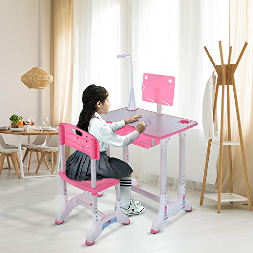 KANGMOON Height Adjustable Children's Desk Chair Set, Study Desk with Led Light, Student Writing Painting Portable Tilted 0-45° Table Top, Built-in Grooves Hold Stationery, for Children Aged 3-18