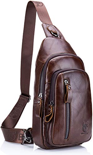 Men's Sling Bag,Mens Genuine Leather Chest Bags Casual Shoulder Bag Vintage Crossbody Travel Hiking Backpacks Daypacks (Coffee)