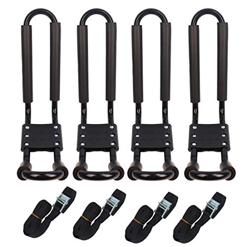 2 Pairs Kayak Rack J-Bar Car Roof Rack for Canoe Carrier SUP Paddle Surfboard Mount on Car SUV and Truck Crossbar， Includes 4 Pcs 8Ft Roof Rack Tie Down Cam Straps.