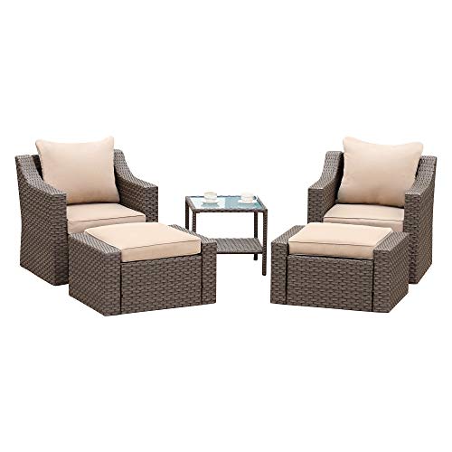 Stamo 5 Piece Outdoor Patio Conversation Furniture Sets with Glass Table and Ottomans, All Weather PE Rattan Wicker Cushioned Sectional Patio Sofa Chairs, Coffee