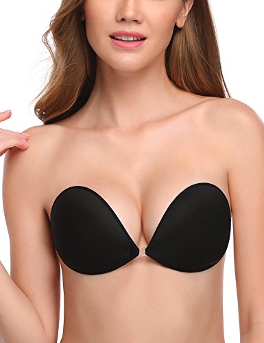 Wingslove Adhesive Bra Reusable Strapless Self Silicone Push-up Invisible Sticky Backless Bra(Black,A Cup)
