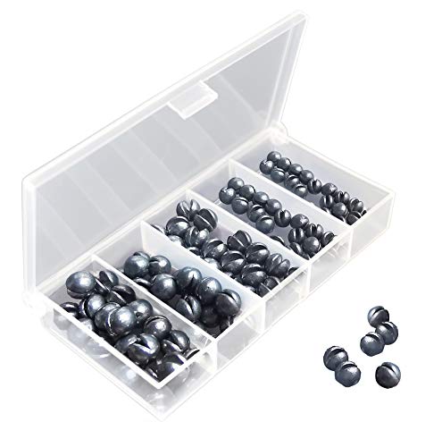 LUSHAZER Fishing Weights Sinkers Kit, 100pcs Round Split Shot Sinker, Fishing Weights Egg Sinkers 5 Sizes, 7/1000 oz, 17/1000 oz, 7/200 oz, 1/20 oz, 7/100 oz, Plastic Box Pack 3.8 x 1.9 x 0.7 inch