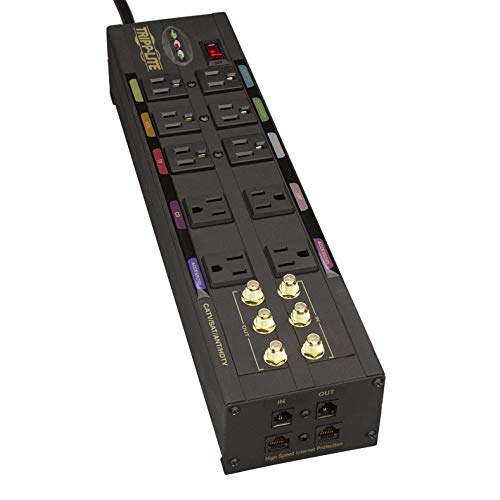 Tripp Lite Isobar 10 Outlet Audio/Video Surge Protector Tel/Modem/Coax/Network 8ft Cord Right Angle Plug, & $500,000 Insurance (HT10DBS)