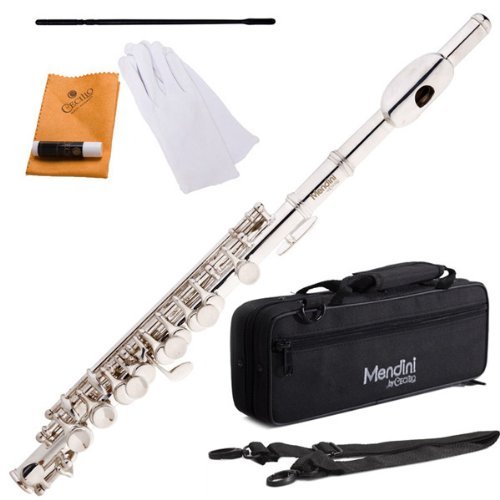 Mendini MPO-S Silver Plated Key of C Piccolo with Case, Joint Grease, Cleaning Cloth and Rod, and Gloves