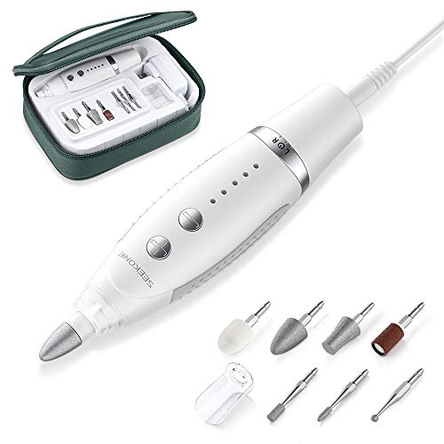 SEEKONE Electric Manicure and Pedicure Set, Professional Powerful Nail Drill Kit Salon Quality Nail File Tools for Foot and Hand Care with 7 Attachments, 5 Speed Settings and Storage Case (White)