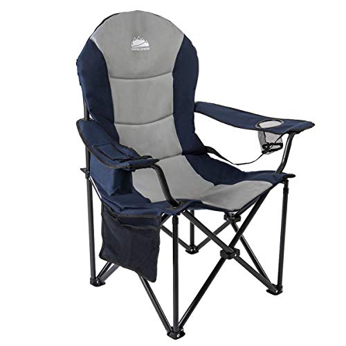 Coastrail Outdoor Camping Chair with Lumbar Back Support, Oversized Padded Lawn Chair Folding Quad Arm Chair with Cooler Bag, Cup Holder & Side Pocket, Supports 400lbs, Grey, XXL