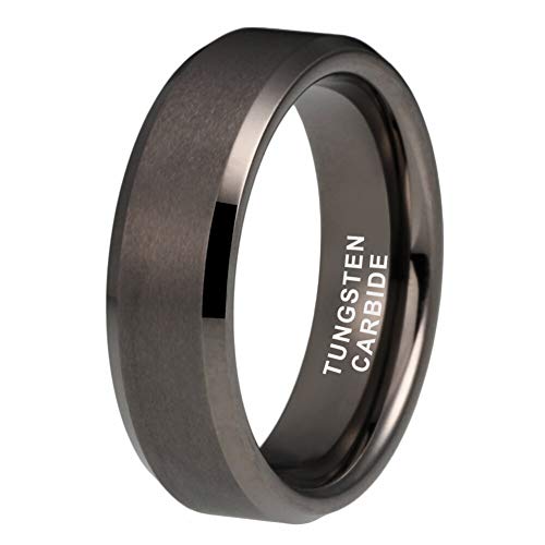 iTungsten 6mm Gunmetal Tungsten Carbide Rings for Men Women Wedding Bands Matte Finish Beveled Edges Comfort Fit