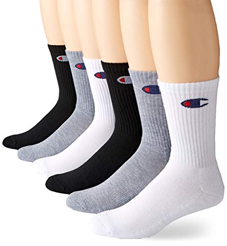 Champion Men's Double Dry Moisture Wicking Logo 6-Pack Crew Socks, Assorted, Shoe Size: 6-12
