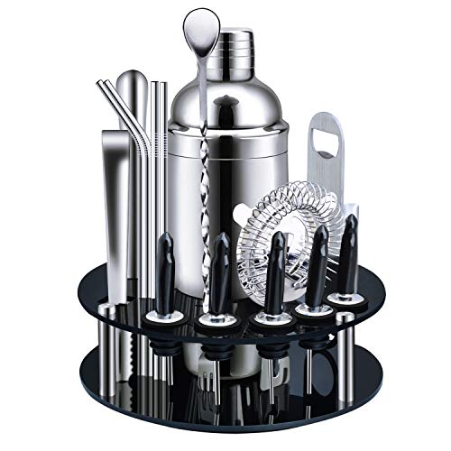 X-cosrack Bar Set,18-Piece Stainless Steel Cocktail Shaker Bar Tools,with Rotating Display Stand and Recipes Booklet,Premium Bartending Kit for Home,Bars,Traveling and Outdoor Parties