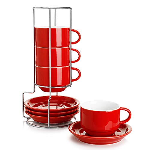 Sweese 406.104 Porcelain Stackable Cappuccino Cups with Saucers and Metal Stand - 8 Ounce for Specialty Coffee Drinks, Cappuccino, Latte, Americano and Tea - Set of 4, Red
