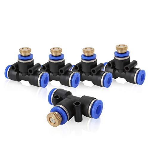 CozyCabin 5 pcs Spray Cooling Device T-tube Double Accessories - with Brass Misting Nozzle for Outdoor Water Mister Cooling System Pation Lawn Garden Connectors