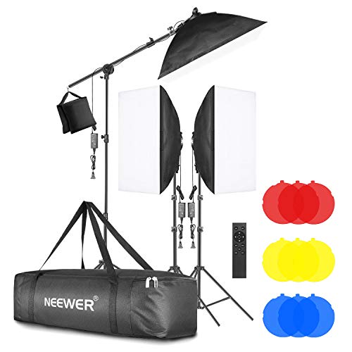 Neewer 3-Pack 2.4G LED Softbox Lighting Kit with Color Filter: 20'x28' Softbox, 3200-5600K 48W Dimmable LED Light Head with 2.4G Remote, Light Stand, Boom Arm, Bag for Photo Studio Video Shooting