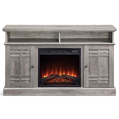BELLEZE 014-HG-41802-HT-GYW 48' Stand Console W/Media Shelves for TVs up to 50' Wide with Fireplace and Remote Control, Grey Wash