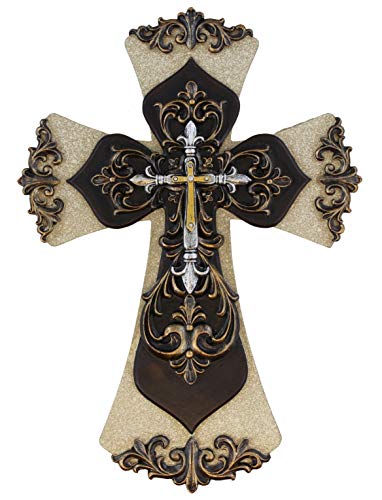 Old River Decorative Layered Tuscan Wall Cross Scrolly Fleur De Lis