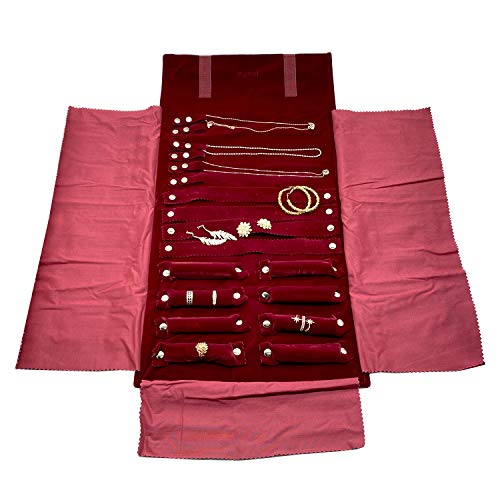 UnionPlus Velet Travel Jewelry Case Roll Bag Organizer for Necklace Bracelet Earrings Ring, Burgundy (Large Burgundy)