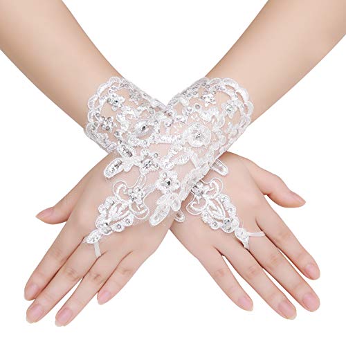 BABEYOND Wedding Lace Gloves Floral Opera Evening Gloves Special Occasion Gloves Tea Party Dancing Gloves (Style2-white)