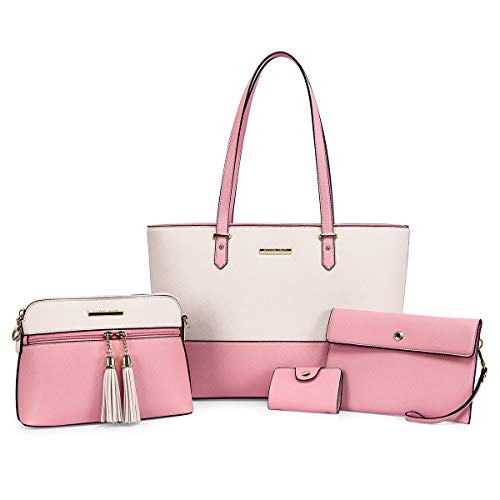 CHANRS KEATN Handbags for Women Fashion Tote Shoulder Bags Top Satchel Purses 4pcs Handbag Set (Pink&White)