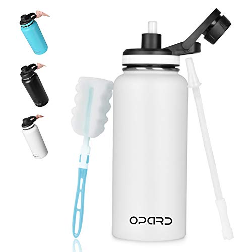 Opard Stainless Steel Water Bottle, 32 oz Vacuum Insulated Double Walled Leak Proof Sports Metal Water Bottle with Straw and Cleaning Brush for Gym Travel Camping (White)