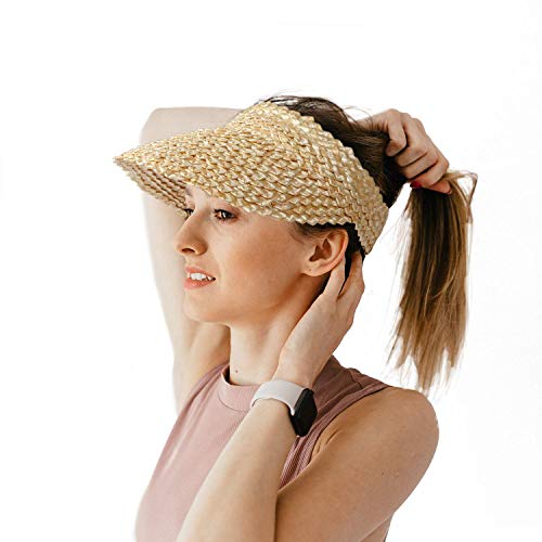 Natural Straw Sun Visor Hat for Women,Adjustable Messy Bun Ponytail Summer Beach Hat