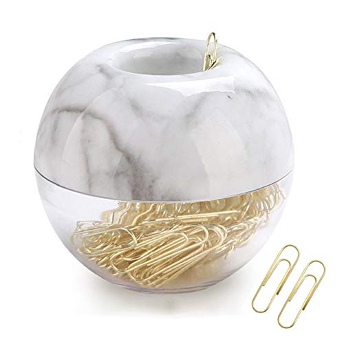 Magnetic Paper Clip Holder，Marble White Holder with Gold Paper Clips 100pcs 28mm(1.1') Cute Office Supplies for Desk Organizer