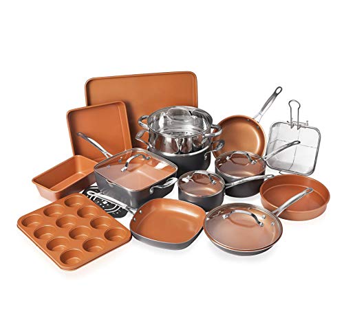 Gotham Steel Cookware + Bakeware Set with Nonstick Durable Ceramic Copper Coating – Includes Skillets, Stock Pots, Deep Square Fry Basket, Cookie Sheet and Baking Pans, 20 Piece, Graphite