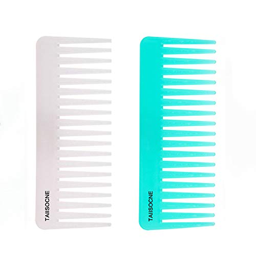 Wide Tooth Comb for Curly Hair Wet Dry Hair, No Handle Detangler Comb Styling Shampoo Comb (White, Cyan 2 Pieces)
