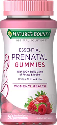 Nature's Bounty Optimal Solutions Essential Prenatal Gummies, Folic Acid and Iodine, Omega 3 and DHA, 50 Count