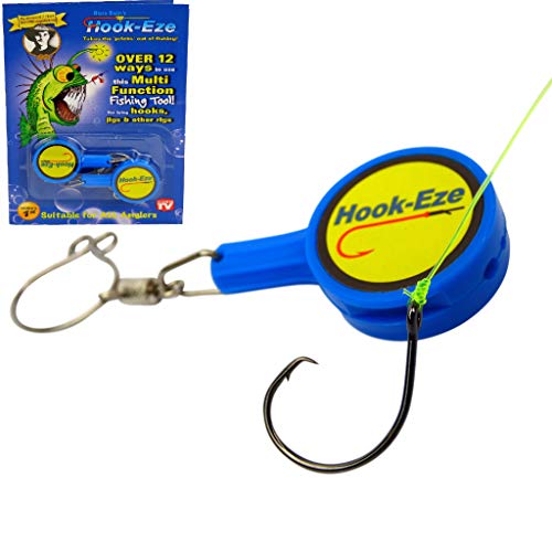 Hook-Eze Fishing Tool (Blue) Hook Tying & Safety Device + Line Cutter - Cover Hooks on 2 Poles & Travel Safely fully rigged. Multi function Fishing Device