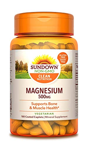 Sundown Magnesium, 500 mg (180 Coated Caplets) Mineral Supplement, Meets Daily Recommended Intake (Packaging May Vary), Vegetarian, Non-GMOˆ, Free of Gluten, Dairy, Artificial Flavors