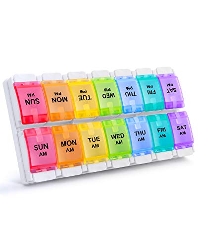 AM PM Weekly 7 Day Pill Organizer, Sukuos Large Daily Pill Cases Pill Box with Easy Push Button Design for Pills/Vitamin/Fish Oil/Supplements (Rainbow)