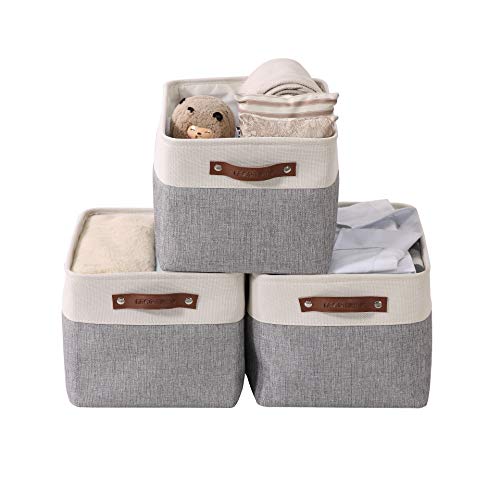 DECOMOMO Large Foldable Storage Bin | Collapsible Sturdy Cationic Fabric Storage Basket Cube W/Handles for Organizing Shelf Nursery Home Closet & Office - Grey and White 15 x 11 x 9.5-3 Pack